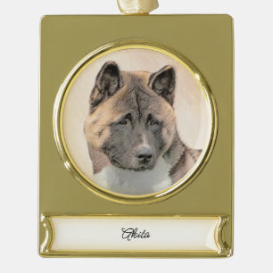 Akita Painting - Niedliche Original Hunde Kunst Banner-Ornament Gold
