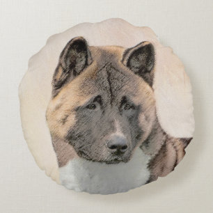 Akita Painting - Niedliche Original Hunde Kunst Rundes Kissen
