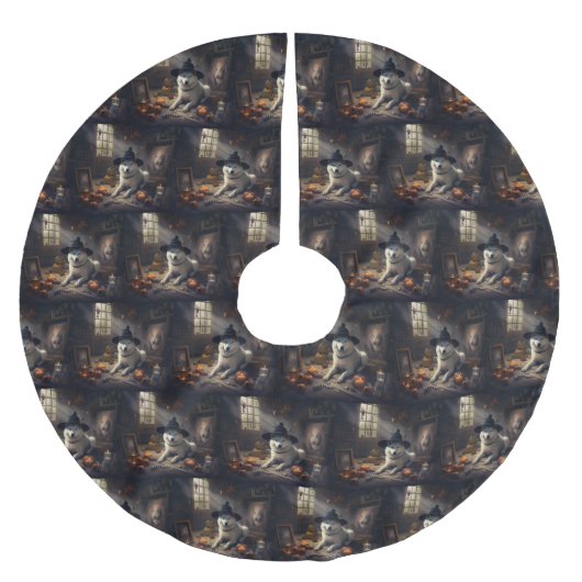 Akita Pumpkins Halloween Beängstigend Polyester Weihnachtsbaumdecke (Vorderseite)