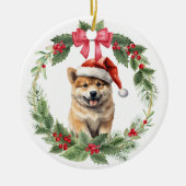 Akita Puppy Dog Red Bow Holly Wreath Keramik Ornament (Vorne)