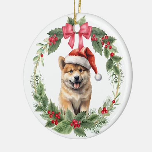 Akita Puppy Dog Red Bow Holly Wreath Keramik Ornament (Links)