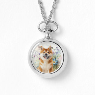 Akita Shiba Inu Dog with Blue Watercolor Flowers Armbanduhr