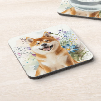Akita Shiba Inu Dog with Blue Watercolor Flowers Getränkeuntersetzer