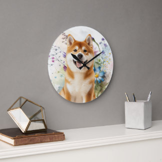 Akita Shiba Inu Dog with Blue Watercolor Flowers Große Wanduhr