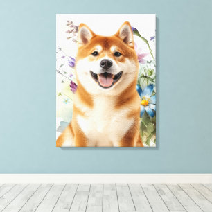 Akita Shiba Inu Hund mit blauen Wasserfarbenblumen Leinwanddruck