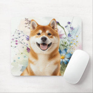 Akita Shiba Inu Hund mit blauen Wasserfarbenblumen Mousepad