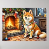 Akita Sitting by Fireplace with Christmas Lights Poster (Vorne)