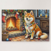 Akita Sitting by Fireplace with Christmas Lights Puzzle (Horizontal)