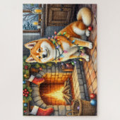 Akita Sitting by Fireplace with Christmas Lights Puzzle (Vertikal)