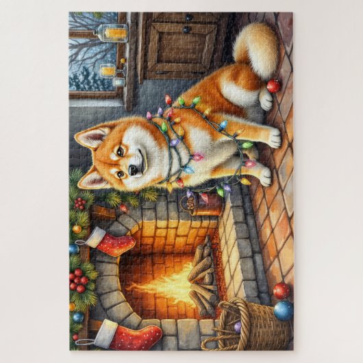 Akita Sitting by Fireplace with Christmas Lights Puzzle (Vertikal)