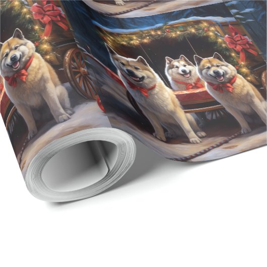 Akita Snowy Sleigh Ride Weihnachtsdekor Geschenkpapier (Rolleneckpunkt)