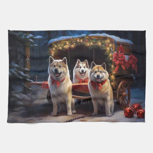 Akita Snowy Sleigh Ride Weihnachtsdekor Geschirrtuch (Horizontal)