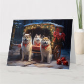Akita Snowy Sleigh Ride Weihnachtsdekor Karte (Vorderseite)