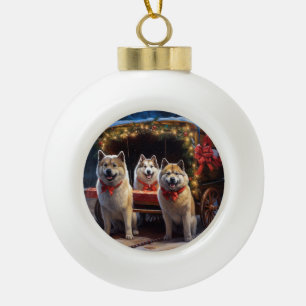 Akita Snowy Sleigh Ride Weihnachtsdekor Keramik Kugel-Ornament