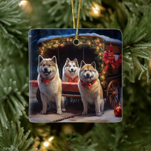 Akita Snowy Sleigh Ride Weihnachtsdekor Keramikornament (Baum)