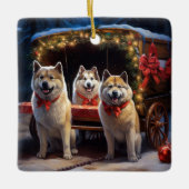 Akita Snowy Sleigh Ride Weihnachtsdekor Keramikornament (Vorderseite)
