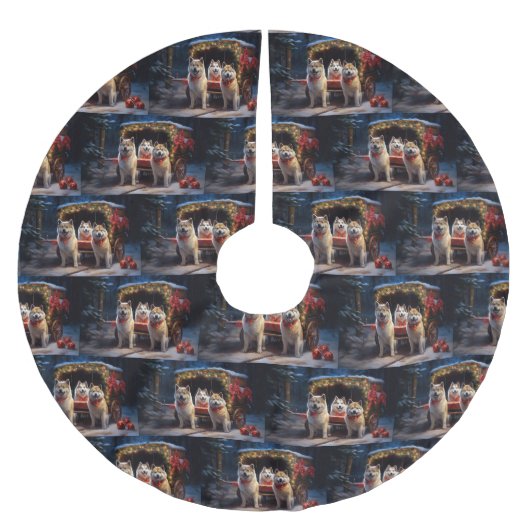 Akita Snowy Sleigh Ride Weihnachtsdekor Polyester Weihnachtsbaumdecke (Vorderseite)
