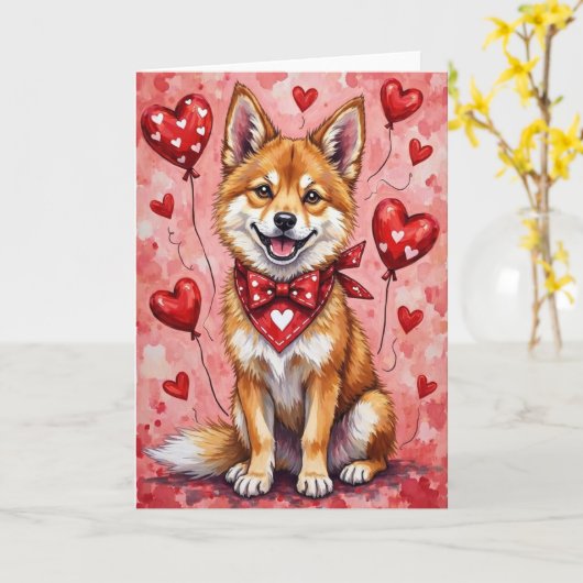 Akita Valentinstag Hund mit Herzen Rot Karte (Gelbe Blume)