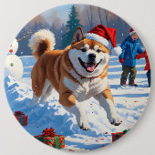 Akita Weihnachtsfest Schneeszene Button (Vorderseite)
