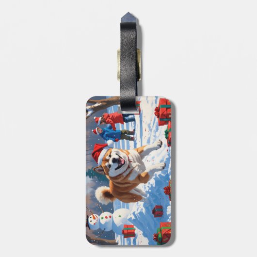 Akita Weihnachtsfest Schneeszene Gepäckanhänger (Rückseite vertikal)