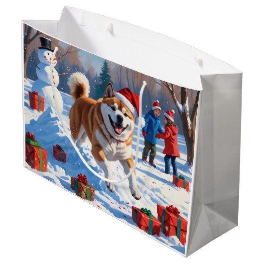 Akita Weihnachtsfest Schneeszene Große Geschenktüte (Rückseite Schrägansicht)