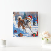Akita Weihnachtsfest Schneeszene Quadratische Wanduhr (Zuhause)