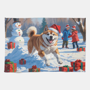 Akita Weihnachtsfestliche Schneeszene  Geschirrtuch
