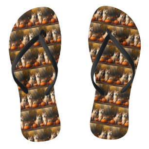 Akita Welpe Herbstfreude Kürbis Badesandalen