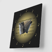 Akkordeon-3-D Goldkugel ~ Noten ~ Schwarzes BG Quadratische Wanduhr (Winkel)