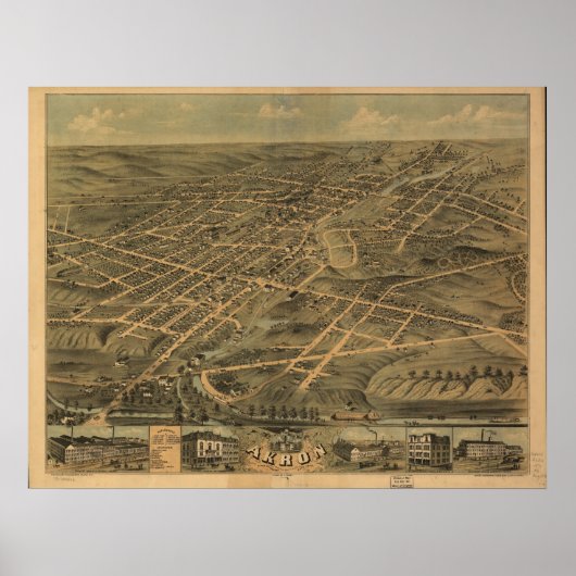 Akron Ohio 1870 Antike Panoramakarte Poster (Vorne)