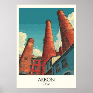 Akron Ohio Travel Poster Vintag City Skyline Art