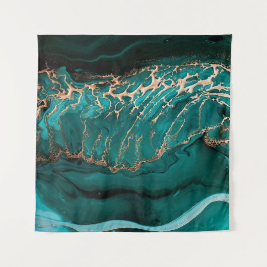 Akrylic Fluid Art. Dunkelgrüne Wellen im abstrakte Wandteppich (Vorderseite (Horizontal))