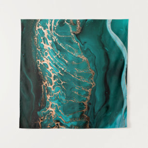 Akrylic Fluid Art. Dunkelgrüne Wellen im abstrakte Wandteppich