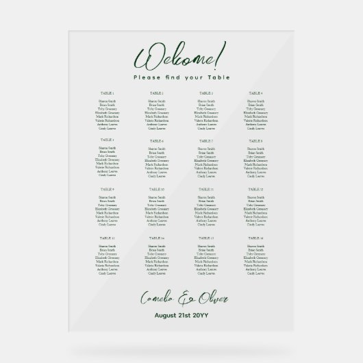 AKRYLIC WEDDING SITZTISCH CHART 16 Tabelle grün Acrylschild (Vorderseite)