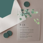 Akryllische Hochzeit Einladungen Eukalyptus<br><div class="desc">Mit dieser eleganten Acrylhochzeit-Einladung mit einem zarten Eukalyptusdesign machen Sie einen bleibenden Eindruck. Diese Einladung, die sich perfekt für moderne und naturlich inspirierte Hochzeiten eignet, verbindet Eleganz mit einer frischen botanischen Touch. Das durchsichtige Acrylmaterial verleiht dem Gast ein einzigartiges, luxuriöses Ambiente, das ihm eine Vorschau auf die Schönheit der Zukunft...</div>