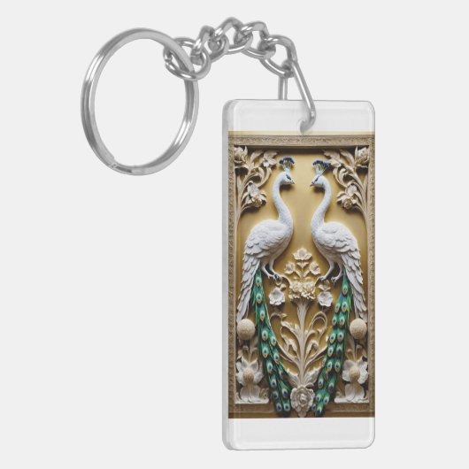 Akryllischer Schlüsselanhänger mit einem Pfauenbil (Vorderseite links)