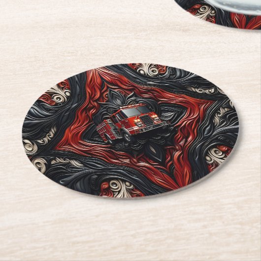 Aktiv verpackter Feuerzug auf Leder Runder Pappuntersetzer (Angewinkelt)
