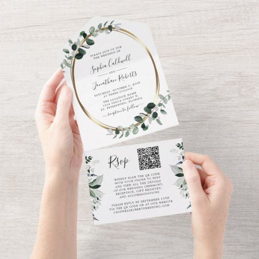Aktualisierte Eukalyptus Gold QR Code UAWG Wedding All In One Einladung (Abreißen)