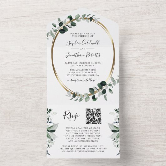 Aktualisierte Eukalyptus Gold QR Code UAWG Wedding All In One Einladung (Innen Boden)