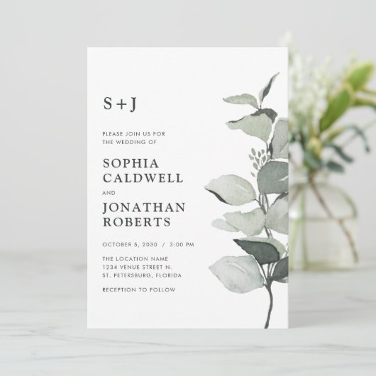 Aktualisierte Eukalyptus QR Code-Sage Monogram Wed Einladung (Stehend Vorderseite)