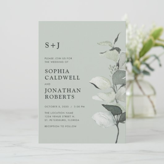 Aktualisierte Eukalyptus QR Code-Sage Monogram Wed Einladung (Stehend Vorderseite)