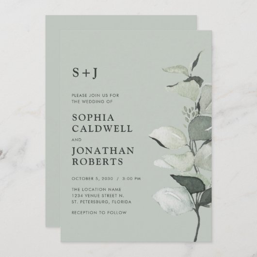 Aktualisierte Eukalyptus QR Code-Sage Monogram Wed Einladung (Vorne/Hinten)