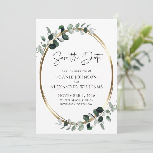 Aktualisierter QR Code Eukalyptus Greenery Gold Save The Date (Stehend Vorderseite)
