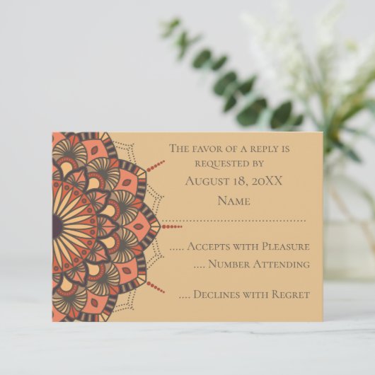Aktuelle braune Peach Mandala RSVP Karten (Stehend Vorderseite)