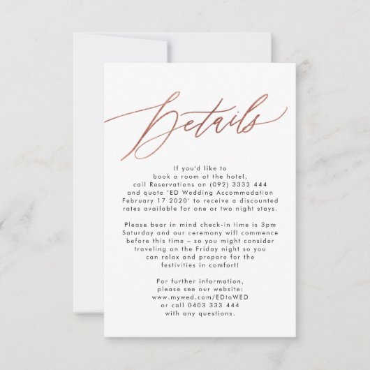 Aktuelle Rose Gold Calligraphy Wedding Details Car RSVP Karte (Vorderseite)