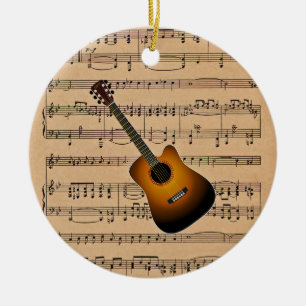 Akustikgitarre mit Notenen-Hintergrund Keramik Ornament