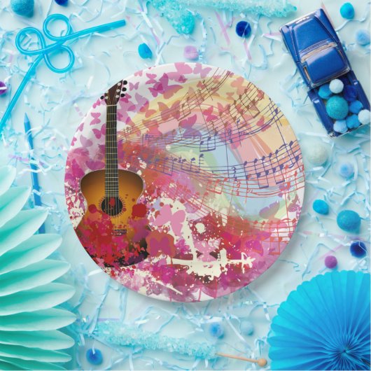 Akustikgitarre und Schmetterlinge Pappteller (Party)