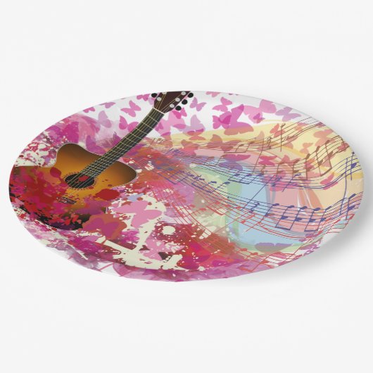 Akustikgitarre und Schmetterlinge Pappteller (Schrägansicht)