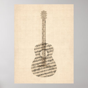 Akustische Gitarre Alte Notenmusik Poster