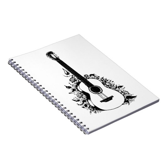 Akustische Gitarre auf einem Hintergrund von Blume Notizblock (Rechte Seite)